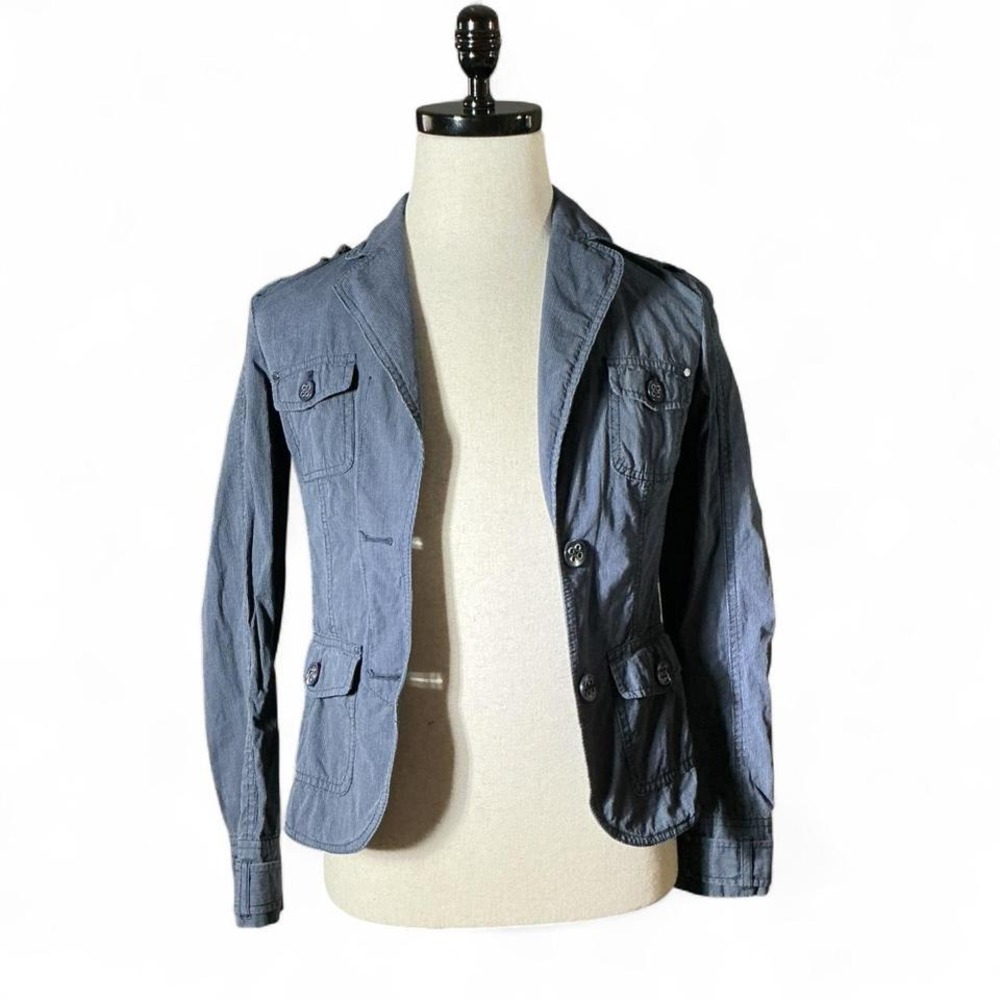 Esprit Womens Blue Pinstripe Utility Blazer Jacket Cotton Military CQ1493 Size 4